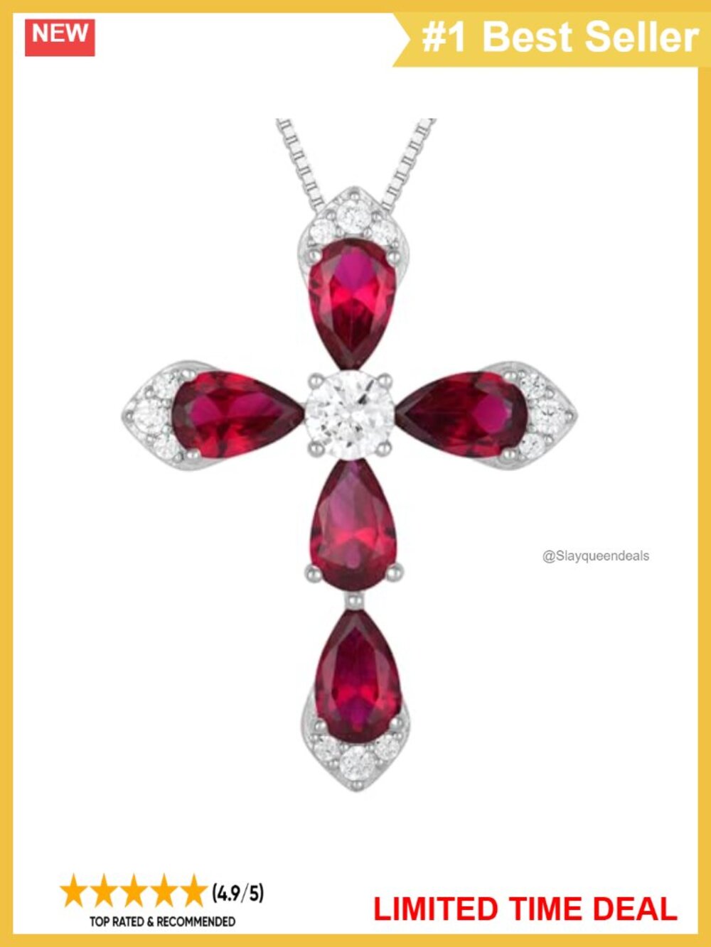 Sterling Silver Cross Necklace Created Ruby July Birthstone Rhodium Plated